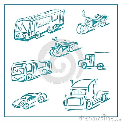 Types of transport in the style of minimalism. Truck, motorcycle, bus, car. Vector Illustration